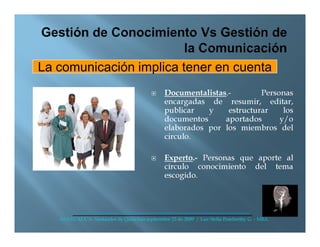 La comunicación implica tener en cuenta
                                               Documentalistas.-        Personas
                                               encargadas de resumir, editar,
                                               publicar   y    estructurar    los
                                               documentos     aportados      y/o
                                               elaborados por los miembros del
                                               circulo.

                                               Experto.- Personas que aporte al
                                               círculo conocimiento del tema
                                               escogido.




   ANDI CAUCA- Santander de Quilichao septiembre 25 de 2009 / Luz Stella Pemberthy G. - MBA
 