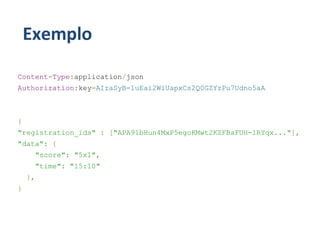 Exemplo

Content-Type:application/json
Authorization:key=AIzaSyB-1uEai2WiUapxCs2Q0GZYzPu7Udno5aA



{
"registration_ids" : ["APA91bHun4MxP5egoKMwt2KZFBaFUH-1RYqx..."],
"data": {
     "score": "5x1",
     "time": "15:10"
    },
}
 