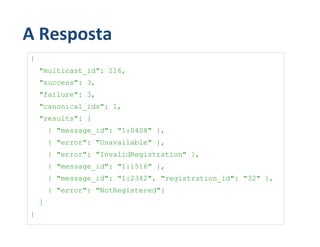 A Resposta
{
    "multicast_id": 216,
    "success": 3,
    "failure": 3,
    "canonical_ids": 1,
    "results": [
        { "message_id": "1:0408" },
        { "error": "Unavailable" },
        { "error": "InvalidRegistration" },
        { "message_id": "1:1516" },
        { "message_id": "1:2342", "registration_id": "32" },
        { "error": "NotRegistered"}
    ]
}
 