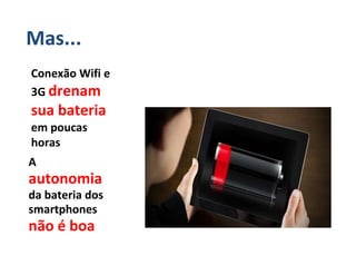 Mas...
Conexão Wifi e
3G drenam
sua bateria
em poucas
horas
A
autonomia
da bateria dos
smartphones
não é boa
 