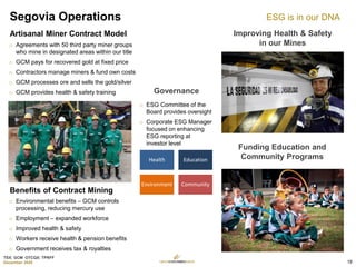 TSX: GCM OTCQX: TPRFF
December 2020
Artisanal Miner Contract Model
o Agreements with 50 third party miner groups
who mine in designated areas within our title
o GCM pays for recovered gold at fixed price
o Contractors manage miners & fund own costs
o GCM processes ore and sells the gold/silver
o GCM provides health & safety training
Benefits of Contract Mining
o Environmental benefits – GCM controls
processing, reducing mercury use
o Employment – expanded workforce
o Improved health & safety
o Workers receive health & pension benefits
o Government receives tax & royalties
Improving Health & Safety
in our Mines
Funding Education and
Community Programs
Segovia Operations
Governance
o ESG Committee of the
Board provides oversight
o Corporate ESG Manager
focused on enhancing
ESG reporting at
investor level
ESG is in our DNA
Health Education
Environment Community
19
 
