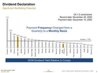 TSX: GCM OTCQX: TPRFF
December 2020
GCM Dividend Yield Relative to Comps
Source: Company reports. Market data as of November 10, 2020
CA 1.5 cents/share
Record date: November 30, 2020
Payment date: December 15, 2020
7.77%
4.31%
3.24%
2.97%
2.66%
2.46%
1.94% 1.91%
1.69% 1.63% 1.55% 1.47% 1.39% 1.36%
1.14% 1.08% 0.99% 0.94% 0.88% 0.86% 0.80% 0.77%
0.58%
0.39% 0.33%
Average = 1.79%
Centamin
Jaguar
Dynacor
GCM-New
B2Gold
Newmont
Yamana
AgnicoEagle
KirklandLake
Centerra
Kinross
Nomad
Barrick
Osisko
Newcrest
Wheaton
GCM-
Previous
DundeePM
Alamos
PanAmerican
Maverix
Franco-Nevada
Abitibi
Metalla
Silvercorp
Payment Frequency Changed from a
Quarterly to a Monthly Basis
Dividend Declaration
Significant Re-Rating Potential
6
 