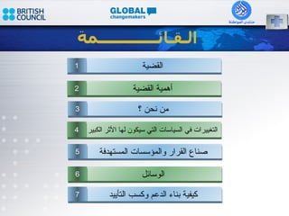 الـقـائـــــــــــــمة القضية 1 أهمية القضية 2 من نحن ؟ 3 التغييرات في السياسات التي سيكون لها الأثر الكبير 4 صناع القرار والمؤسسات المستهدفة 5 الوسائل 6 كيفية بناء الدعم وكسب التأييد 7 
