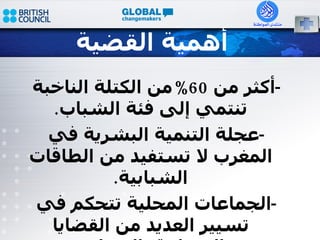 أهمية القضية - أكثر من  60 % من الكتلة الناخبة تنتمي إلى فئة الشباب . - عجلة التنمية البشرية في المغرب لا تستفيد من الطاقات الشبابية . - الجماعات المحلية تتحكم في تسيير العديد من القضايا المتعلقة بالشباب . 