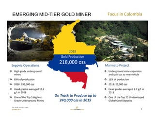 TSX: GCM  OTCQX: TPRFF
October 2019
2018
Gold Production 
218,000 ozs
EMERGING MID-TIER GOLD MINER Focus in Colombia
3
Marmato Project
 High‐grade underground 
mines
 89% of production
 2018: 193,000 ozs
 Head grades averaged 17.1 
g/t in 2018
 One of the Top 5 Highest 
Grade Underground Mines
 Underground mine expansion 
and spin out to new vehicle
 11% of production
 2018: 25,000 ozs
 Head grades averaged 2.7 g/t in 
2018
 One of the Top 20 Undeveloped 
Global Gold Deposits
Segovia Operations
On Track to Produce up to 
240,000 ozs in 2019
 