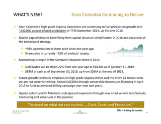 TSX: GCM  OTCQX: TPRFF
October 2019
GRAN COLOMBIA 2.0
 Gran Colombia’s high‐grade Segovia Operations are continuing to fuel production growth with 
~230,000 ounces of gold production in TTM September 2019, up 6% over 2018.
 Market capitalization is benefitting from capital structure simplification in 2018 and execution of 
the turnaround strategy.
 ~98% appreciation in share price since one year ago.
 Share price is currently ~62% of analysts’ targets.
 Maintaining strength in the Company’s balance sheet in 2019.
 Gold Notes will be down 22% from one year ago to $68.8M as of October 31, 2019. 
 $63M of cash as of September 30, 2019, up from $36M at the end of 2018.
 Future growth continues emphasis on high‐grade Segovia mines and the other 24 known veins 
we are not currently mining. Raised CA$20M through convertible debentures financing in April 
2019 to fund accelerated drilling campaign over next two years.
 Upside potential with Marmato underground expansion through new listed vehicle and Zancudo, 
Sandspring and Venezuela in the pipeline.
WHAT’S NEW? Gran Colombia Continuing to Deliver
“Focused on what we can control……Cash, Costs and Execution.”
5
TTM = Trailing 12 months
 