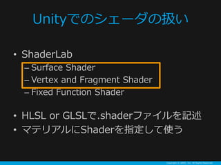 Copyright ? GREE, Inc. All Rights Reserved.
UnityǤΥ`ΒQ
? ShaderLab
C Surface Shader
C Vertex and Fragment Shader
C Fixed Function Shader
? HLSL or GLSL.shaderեӛ
? ޥƥꥢShaderָʹ
 
