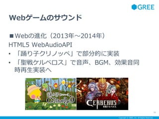 Copyright ? GREE, Inc. All Rights Reserved.
Web`Υ
WebM2013ꡫ2014꣩
HTML5 WebAudioAPI
? ӻӥΥåڡǲֵĤˌgװ
? }饱٥BGMͬ
rgװ
50
 