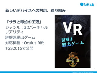 Copyright ? GREE, Inc. All Rights Reserved.
ȶߤڡ
룺3DЩ`
ꥢƥ
i⤭ѳ`
CNOculus Rift
TGS2015ǹ_
74
¤ǥХؤΌꡢȡM
 