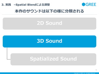 Copyright ? GREE, Inc. All Rights Reserved.
3. g CSpatial Blendˤ{
Υɤ¤Θ˷
51
2D Sound
3D Sound
Spatialized Sound
 