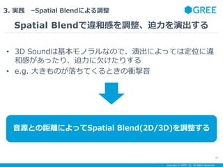 Copyright ? GREE, Inc. All Rights Reserved.
3. g CSpatial Blendˤ{
Spatial Blend`͸Ф{ݳ
52
ԴȤξxˤäSpatial Blend(2D/3D){
? 3D SoundϻΥʤΤǡݳˤäƤ϶λ`
͸ФäꡢǷꤹ
? e.g. 󤭤ΤƤȤn
 