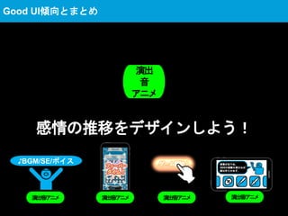 感情の推移をデザインしよう！
演出
音
アニメ
Good UI傾向とまとめ
♪BGM/SE/ボイス
演出/音/アニメ 演出/音/アニメ演出/音/アニメ 演出/音/アニメ
 