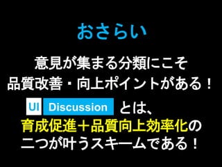 意見が集まる分類にこそ
品質改善・向上ポイントがある！
おさらい
とは、
育成促進＋品質向上効率化の
二つが叶うスキームである！
DiscussionUI
 