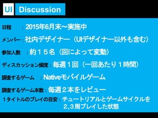日程 ：2015年6月末～実施中
メンバー：社内デザイナー（UIデザイナー以外も含む）
参加人数 ：約１５名（回によって変動）
ディスカッション頻度：毎週１回（一回あたり１時間）
調査するゲーム ：Nativeモバイルゲーム
調査するゲーム本数：毎週２本をレビュー
１タイトルのプレイの目安：チュートリアルとゲームサイクルを
２,３周プレイした状態
DiscussionUI
 