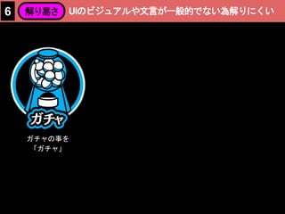 UIのビジュアルや文言が一般的でない為解りにくい
ガチャの事を
「ガチャ」
6 解り易さ
 