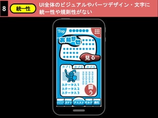 UI全体のビジュアルやパーツデザイン・文字に
統一性や規則性がない
8 統一性
 