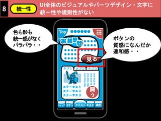 UI全体のビジュアルやパーツデザイン・文字に
統一性や規則性がない
8 統一性
色も形も
統一感がなく
バラバラ・・
ボタンの
質感になんだか
違和感・・
 