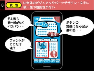 フォントが
ここだけ
違う・・・
UI全体のビジュアルやパーツデザイン・文字に
統一性や規則性がない
8 統一性
色も形も
統一感がなく
バラバラ・・
ボタンの
質感になんだか
違和感・・
 