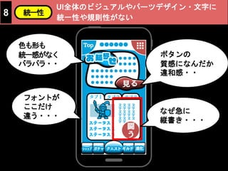 なぜ急に
縦書き・・・
UI全体のビジュアルやパーツデザイン・文字に
統一性や規則性がない
8 統一性
フォントが
ここだけ
違う・・・
色も形も
統一感がなく
バラバラ・・
ボタンの
質感になんだか
違和感・・
 