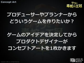 Copyright © GREE, Inc. All Rights Reserved.
Concept Art
Copyright © GREE, Inc. All Rights Reserved.
プロデューサーやプランナーから
どういうゲームを作りたいか？
ゲームのアイデアを決定してから
プロダクトデザイナーが
コンセプトアートを1枚かきます
 
