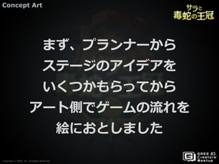 Copyright © GREE, Inc. All Rights Reserved.
Concept Art
Copyright © GREE, Inc. All Rights Reserved.
まず、プランナーから
ステージのアイデアを
いくつかもらってから
アート側でゲームの流れを
絵におとしました
 