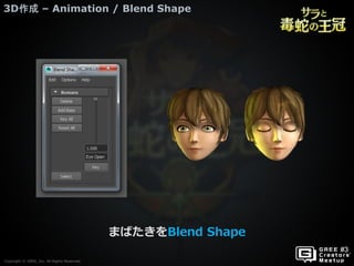Copyright © GREE, Inc. All Rights Reserved.
3D作成 – Animation / Blend Shape
Copyright © GREE, Inc. All Rights Reserved.
まばたきをBlend Shape
 