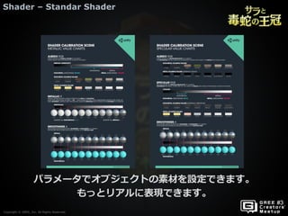 Copyright © GREE, Inc. All Rights Reserved.Copyright © GREE, Inc. All Rights Reserved.
Shader – Standar Shader
パラメータでオブジェクトの素材を設定できます。
もっとリアルに表現できます。
 