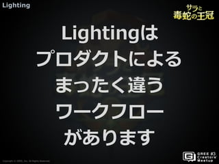Copyright © GREE, Inc. All Rights Reserved.
Lighting
Copyright © GREE, Inc. All Rights Reserved.
Lightingは
プロダクトによる
まったく違う
ワークフロー
があります
 