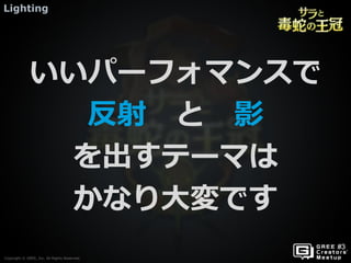 Copyright © GREE, Inc. All Rights Reserved.
Lighting
Copyright © GREE, Inc. All Rights Reserved.
いいパーフォマンスで
反射 と 影
を出すテーマは
かなり大変です
 