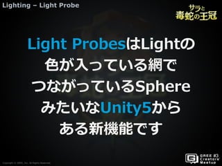 Copyright © GREE, Inc. All Rights Reserved.
Lighting – Light Probe
Copyright © GREE, Inc. All Rights Reserved.
Light ProbesはLightの
色が入っている網で
つながっているSphere
みたいなUnity5から
ある新機能です
 