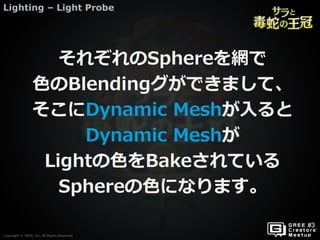 Copyright © GREE, Inc. All Rights Reserved.
Lighting – Light Probe
Copyright © GREE, Inc. All Rights Reserved.
それぞれのSphereを網で
色のBlendingグができまして、
そこにDynamic Meshが入ると
Dynamic Meshが
Lightの色をBakeされている
Sphereの色になります。
 