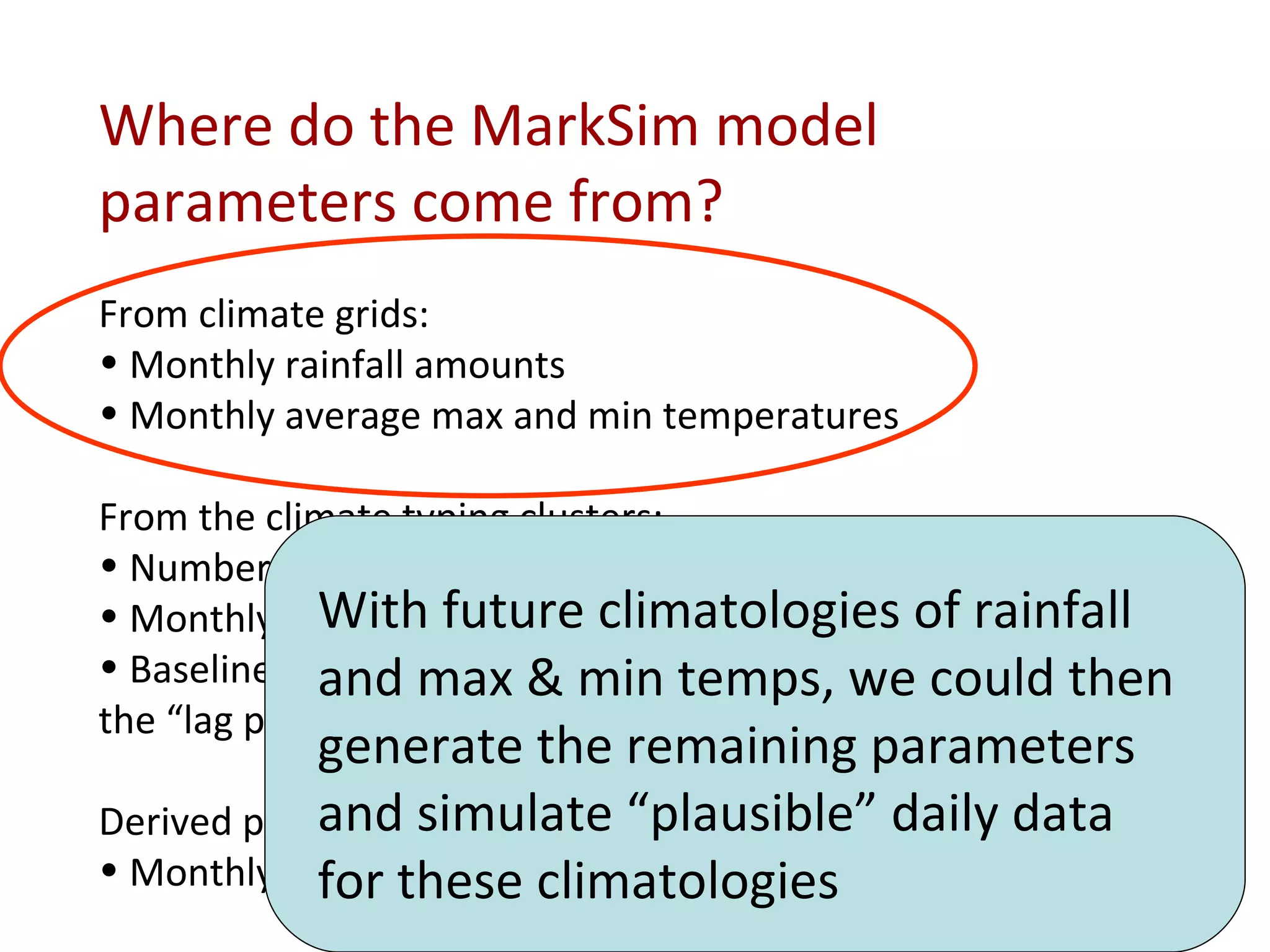 Where do the MarkSim model parameters come from? From climate grids: Monthly rainfall amounts Monthly average max and min temperatures From the climate typing clusters: Number of rain days per month Monthly correlation matrix of raindays per month Baseline probits of a wet day following three dry days and the “lag parameters” Derived parameters: Monthly solar radiation With future climatologies of rainfall and max & min temps, we could then generate the remaining parameters and simulate “plausible” daily data for these climatologies 