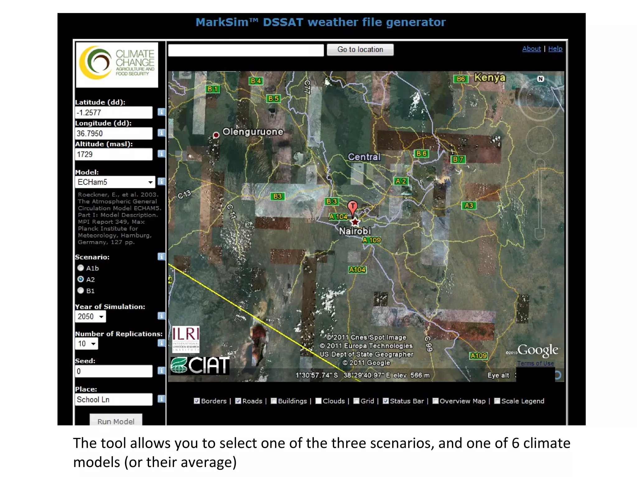 The tool allows you to select one of the three scenarios, and one of 6 climate models (or their average) 