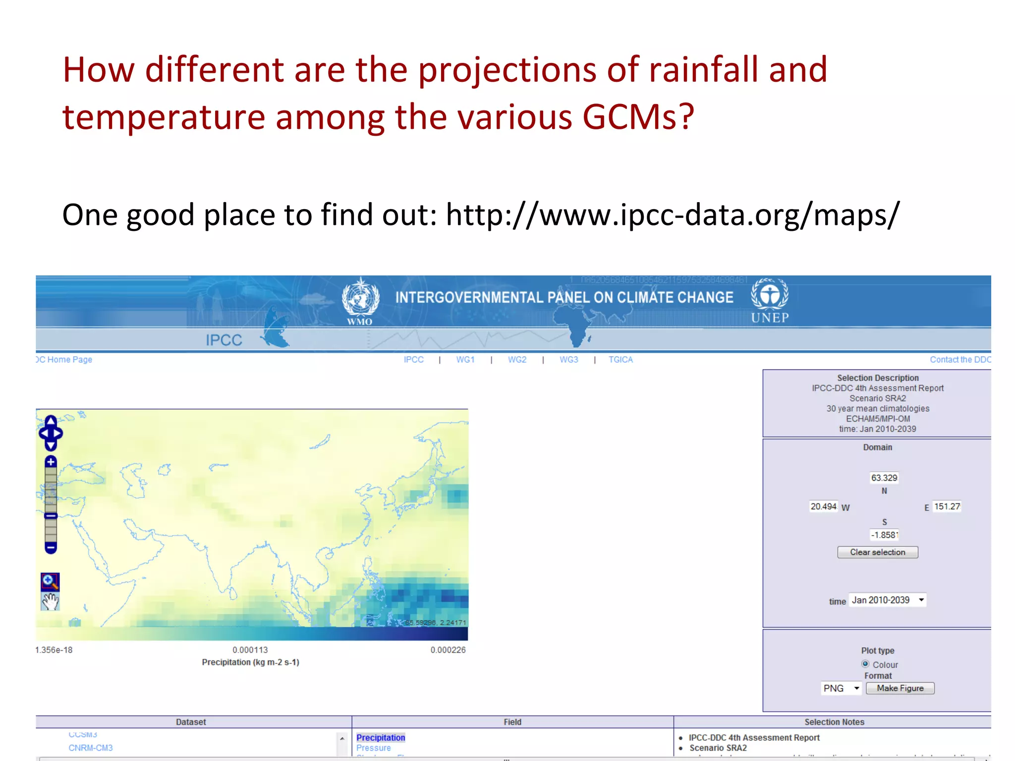 How different are the projections of rainfall and temperature among the various GCMs? One good place to find out: http://www.ipcc-data.org/maps/ 