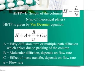 HETP= L (length of the column)
N(no of theoretical plates)
HETP is given by Van Deemter equation
HETP= A + B +Cu
u
A = Eddy diffusion term or multiple path diffusion
which arises due to packing of the column
B = Molecular diffusion, depends on flow rate
C = Effect of mass transfer, depends on flow rate
u = Flow rate
14
 