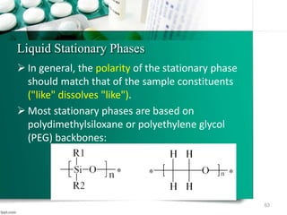 Liquid Stationary Phases
 In general, the polarity of the stationary phase
should match that of the sample constituents
("like" dissolves "like").
 Most stationary phases are based on
polydimethylsiloxane or polyethylene glycol
(PEG) backbones:
63
 