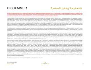 TSX: GCM  OTCQX: TPRFF
February 28, 2019
Forward‐Looking Statements DISCLAIMER
A copy of the preliminary short form prospectus has been filed with the securities regulatory authorities in each of the provinces of Canada, excluding the province of Québec, but has
not yet become final for the purpose of the sale of securities. Information contained in the preliminary short form prospectus may not be complete and may have to be amended. The
securities may not be sold until a receipt for the short form prospectus is obtained from the securities regulatory authorities.
This presentation of Gran Colombia is for information only and shall not constitute an offer to buy, sell, issue or subscribe for, or the solicitation of an offer to buy, sell or issue, or
subscribe for any securities in any jurisdiction in which such offer, solicitation or sale would be unlawful. The information contained herein is subject to change without notice and is
is based on publicly available information, internally developed data and other sources. Where any opinion or belief is expressed in this presentation, it is based on the assumptions
assumptions and limitations mentioned herein and is an expression of present opinion or belief only. The Company disclaims and excludes all liability (to the extent permitted by
law), for losses, claims, damages, demands, costs and expenses of whatever nature arising in any way out of or in connection with the information in this presentation, its accuracy,
accuracy, completeness or by reason of reliance by any person on any of it. This presentation should not be construed as legal, financial or tax advice to any individual, as each
individual’s circumstances are different. Readers should consult with their own professional advisors regarding their particular circumstances.
The distribution of this presentation may be restricted by law in certain jurisdictions and persons into whose possession any document or other information referred to herein
comes should inform themselves about and observe any such restriction. Any failure to comply with these restrictions may constitute a violation of the securities laws of any such
jurisdiction.
This presentation does not constitute an offer of securities for sale in the United States, nor may any securities referred to herein be offered or sold in the United States absent
registration or an exemption from registration as provided in the 1933 Act and the rules and regulations thereunder. The securities referred to herein have not been registered
pursuant to the 1933 Act and there is no intention to register any of the securities in the United States or to conduct a public offering of securities in the United States. Neither the
U.S. Securities and Exchange Commission nor any state securities commission, nor any regulatory authority, nor any Canadian provincial securities regulator has approved or
disapproved of these securities or passed upon the adequacy or accuracy of this presentation.
This presentation contains "forward‐looking information", which may include, but is not limited to, statements with respect to the future financial or operating performance of the
Company and its projects, and, specifically, statements concerning anticipated growth in annual gold production, future cash costs and AISC, future G&A and capex, excess cash flow
flow and future repayments of its gold‐linked notes. Often, but not always, forward‐looking statements can be identified by the use of words such as "plans", "expects", "is
expected", "budget", "scheduled", "estimates", "forecasts", "intends", "anticipates", or "believes" or variations (including negative variations) of such words and phrases, or state
that certain actions, events or results "may", "could", "would", "might" or "will" be taken, occur or be achieved. Forward‐looking statements involve known and unknown risks,
uncertainties and other factors which may cause the actual results, performance or achievements of Gran Colombia to be materially different from any future results, performance
performance or achievements expressed or implied by the forward‐looking statements. Factors that could cause actual results to differ materially from those anticipated in these
forward‐looking statements are described under the caption "Risk Factors" in the Company's Annual Information Form dated as of March 27, 2018 and its interim MD&A dated as of
of November 13, 2018, both of which are available for view on SEDAR at www.sedar.com. Forward‐looking statements contained herein are made as of the date of this presentation
presentation and Gran Colombia disclaims, other than as required by law, any obligation to update any forward‐looking statements whether as a result of new information, results,
results, future events, circumstances, or if management's estimates or opinions should change, or otherwise. There can be no assurance that forward‐looking statements will prove
prove to be accurate, as actual results and future events could differ materially from those anticipated in such statements. Accordingly, the reader is cautioned not to place undue
reliance on forward‐looking statements.
All dollar amounts herein are denominated in U.S. dollars unless otherwise indicated.
2
 
