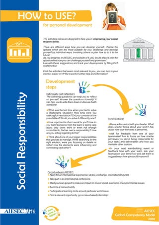 HOW to USE?
                        for personal development

                        The activities below are designed to help you in: improving your social
                                                                                                                                Peace and Fulfillment
                        responsibility.                                                                                       of Humankind’s Potential

  CAT                                                                                                                         Agents of Positive Change
                        There are different ways how you can develop yourself, choose the
                        options which are the most suitable for you: challenge and develop




                                                                                                                       Entrepreneurial




                                                                                                                                         Responsibility




                                                                                                                                                          Intelligence
                                                                                                                                                           Emotional




                                                                                                                                                                         Proactive
                                                                                                                                                                         Learning
                                                                                                                          Outlook
                                                                                                         Mindset
                                                                                                         Global
                        yourself by individual ways, involving others or plan how to do it in the




                                                                                                                                            Social
                        future!
                        As you progress in AIESEC and outside of it, you would always seek for
                                                                                                           International platform for young people to explore and develop
                        opportunities how you can challenge yourself and grow more!                             their leadership potential to provide impact on society

                        Live with these suggestions and track your development by filling CAT
                        next time too!

                        Find the activities that seem most relevant to you, you can turn to your
                        mentor, leader or VP TM to ask for further help and information!


                          Development
                          steps
                                                             1
Social Responsibility




                           Individually (self-reflection)
                           The following questions can help you to reflect
                           on yourself. Answer the questions honestly! It
                           can help you to write them down or discuss it with
                           someone!

                           u the last time when you had to solve
                           What was
                           a challenging situation? How long were you
                           seeking for the solution? Did you consider all the
                                                                                                                                                          2
                           possibilities? Would you solve it differently now?          Involve others!
                           How important is other’s work for you? How do
                           u
                           you feel if someone from the team is taking care            Have a discussion with your leader. What
                                                                                       u
                           about only owns work or even not enough                     does she/he thinks about your work? Ask
                           committed to his/her own’s responsibility? How              about how your workload is perceived.
                           are you acting regarding to this?                           u feedback from one of your
                                                                                       Ask for
                           u one of your bigger responsibilities
                           Think about                                                 teammates! Ask to focus on how she/he
                           that you had to manage. While searching for the             perceives you about being responsible for
                           right solution, were you focusing on details or             your tasks and deliverables and how you
                           rather how the elements were influencing and                motivate other to do so.
                           connecting each other?                                      u next teambuilding event or
                                                                                       In your
                                                                                       feedback time with your team, ask your
                                                                                       team about your behaviour and ask them to
                                                                                       suggest ways how you could improve it!



                                          3
                            Opportunities in AIESEC:
                            u international experience: CEED, exchange, international MC/EB
                            Apply for an
                            uin an international conference
                            Take part
                            u own project to make an impact on one of social, economic or environmental issues
                            Start your
                            u trainee buddy
                            Become a
                            u at learning circle around particular world issue.
                            Participate
                            Find a relevant opportunity, go on issue based internship!
                            u




                                rt
                            sta it                                                                             AIESEC
                                ng
                            u si W !                                                          Global Competency Model
                               NO
                                                                                                                 2010
 