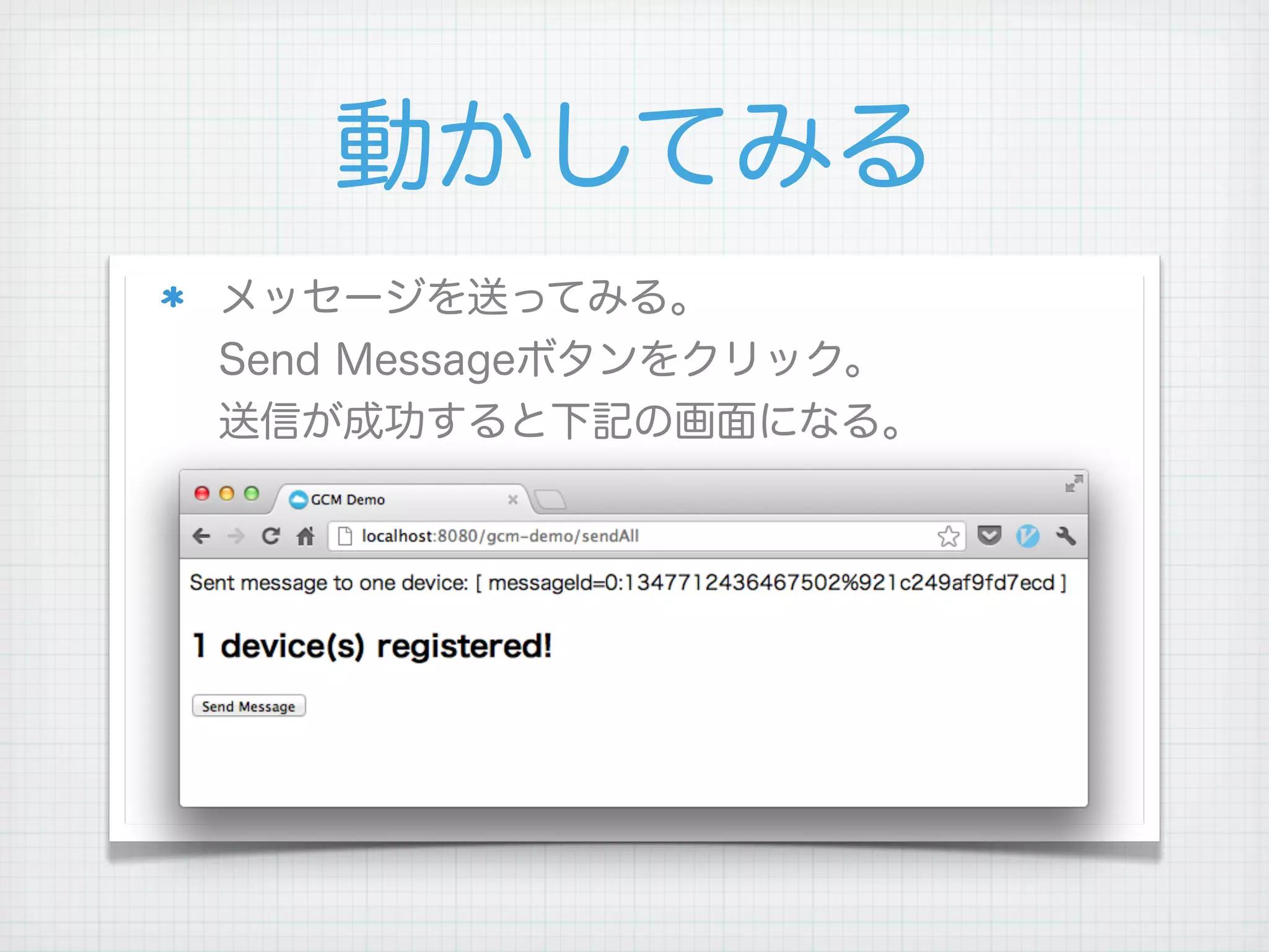 動かしてみる
メッセージを送ってみる。
Send Messageボタンをクリック。
送信が成功すると下記の画面になる。




 
 