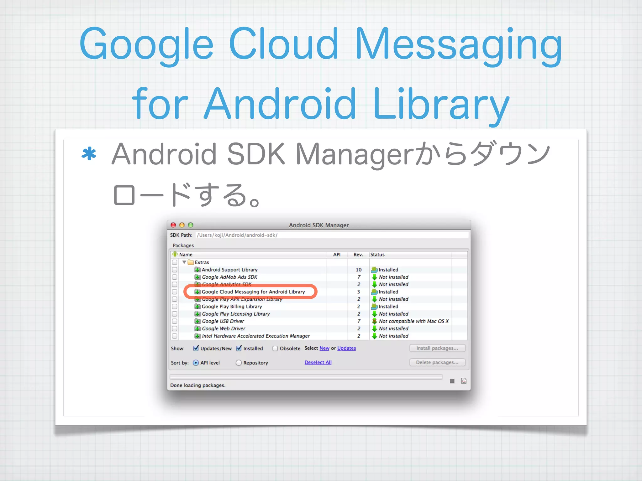 Google Cloud Messaging
  for Android Library
 Android SDK Managerからダウン
 ロードする。
 