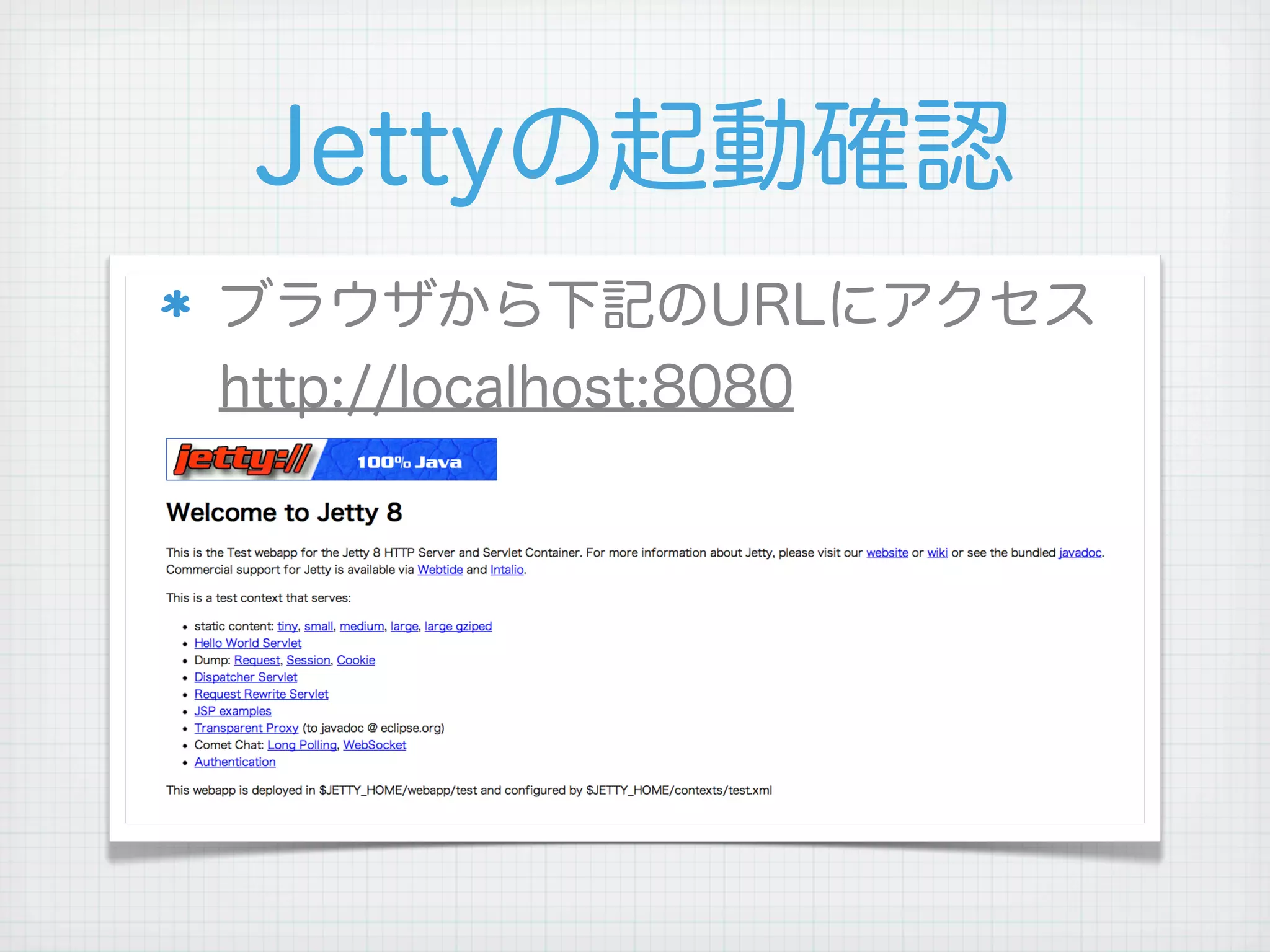 Jettyの起動確認
ブラウザから下記のURLにアクセス
http://localhost:8080
 
