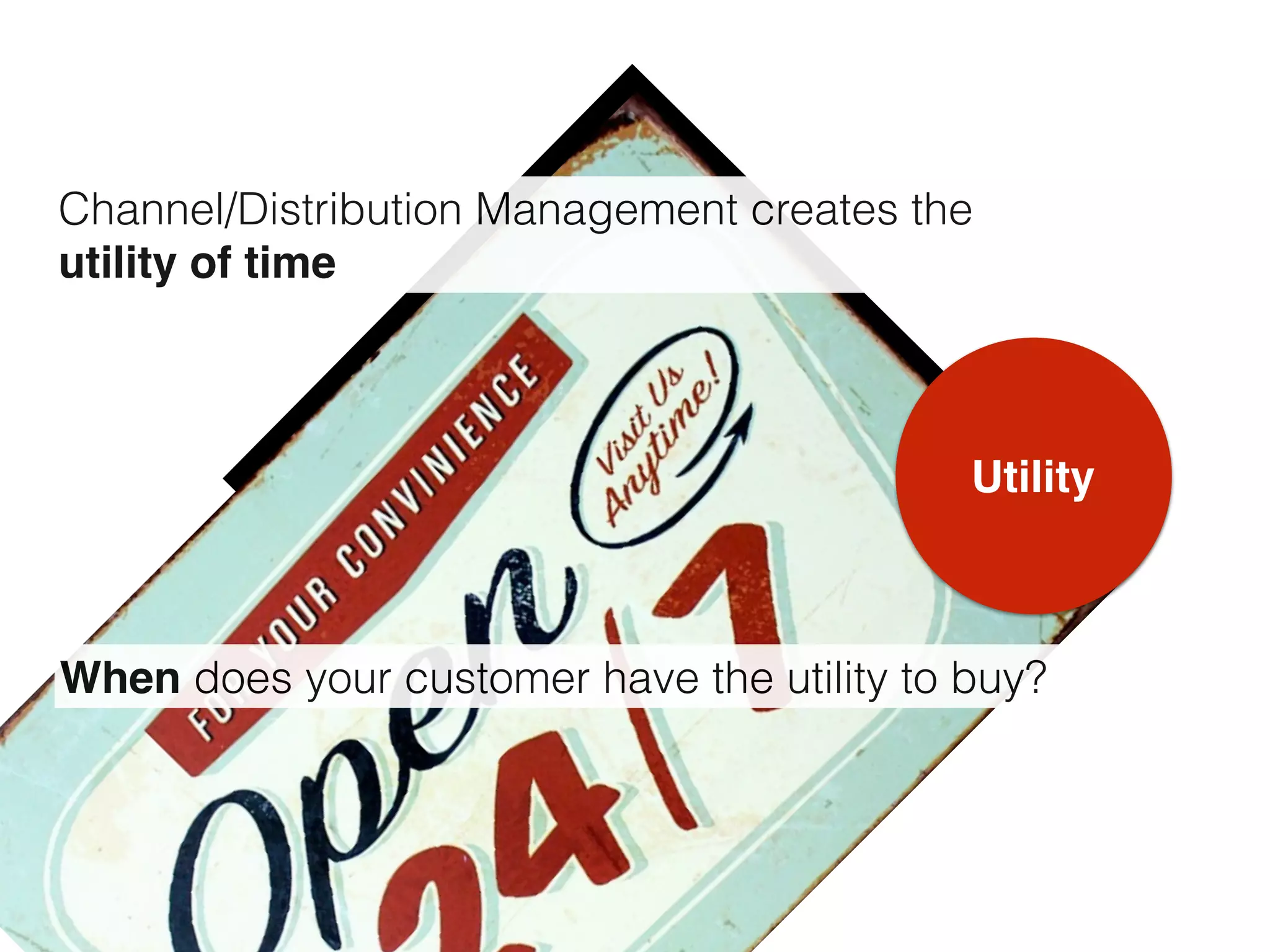 Utility
Channel/Distribution Management creates the
utility of time
When does your customer have the utility to buy?
 