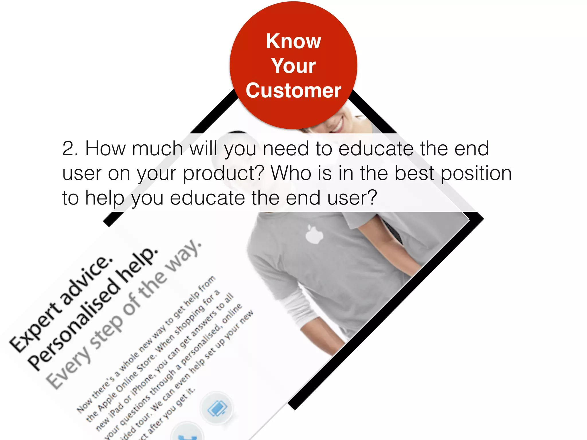 Know  
Your
Customer
2. How much will you need to educate the end
user on your product? Who is in the best position
to help you educate the end user?
 