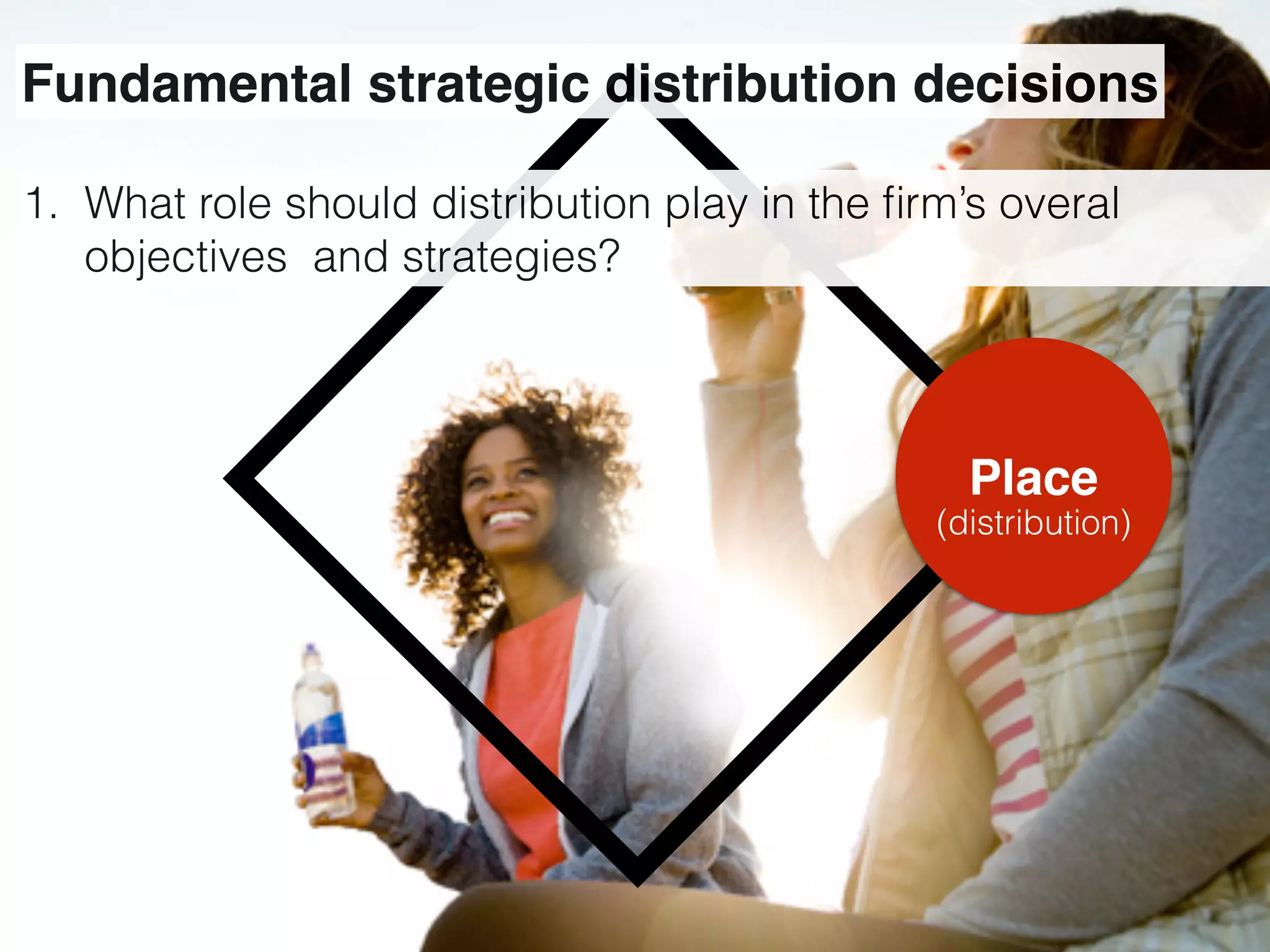 Place
(distribution)
Fundamental strategic distribution decisions
1. What role should distribution play in the ﬁrm’s overal
objectives and strategies?
 