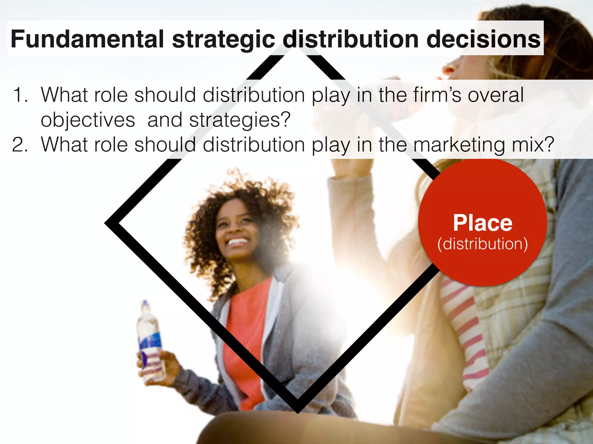 Place
(distribution)
Fundamental strategic distribution decisions
1. What role should distribution play in the ﬁrm’s overal
objectives and strategies?
2. What role should distribution play in the marketing mix?
 
