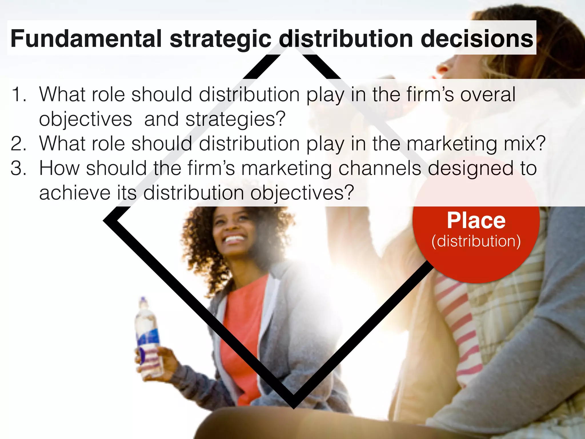 Place
(distribution)
Fundamental strategic distribution decisions
1. What role should distribution play in the ﬁrm’s overal
objectives and strategies?
2. What role should distribution play in the marketing mix?
3. How should the ﬁrm’s marketing channels designed to
achieve its distribution objectives?
 