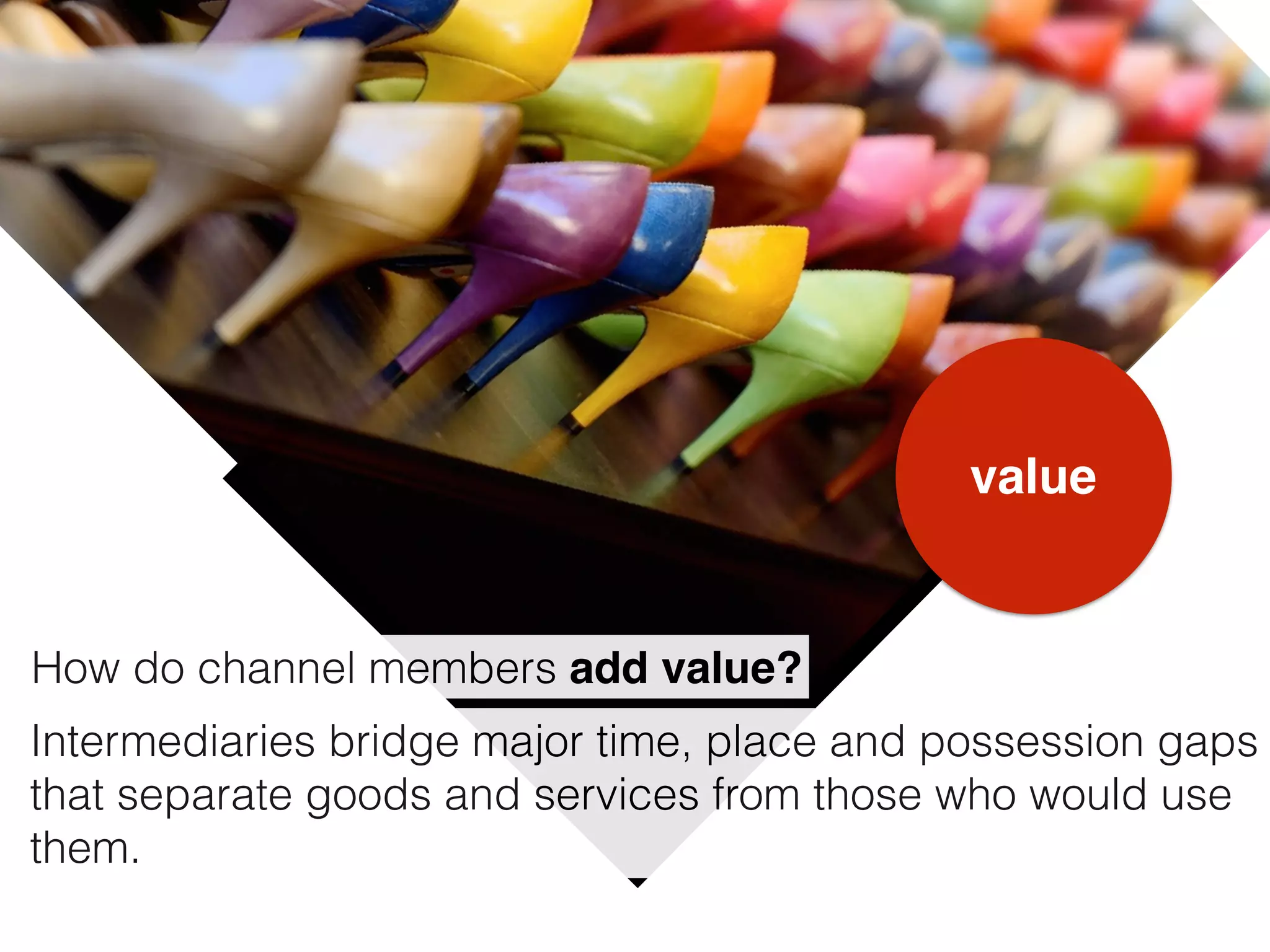 value
How do channel members add value?
Intermediaries bridge major time, place and possession gaps
that separate goods and services from those who would use
them.
 