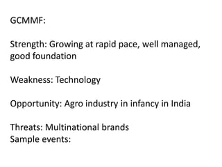 GCMMF:

Strength: Growing at rapid pace, well managed,
good foundation

Weakness: Technology

Opportunity: Agro industry in infancy in India

Threats: Multinational brands
Sample events:
 