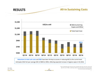 7
TSX: GCM
OTC: TPRFF
August 12, 2016
Reductions in total cash costs and G&A have been the key to success in reducing AISC to the current level. 
Anticipate 2016 full year average AISC of $850 to $950, reflecting expected increase in Segovia capex in H2‐2016.
All‐In Sustaining Costs
*All‐In Sustaining cash cost per ounce includes total cash costs per ounce and 
adds the sum of G&A, sustaining capital and certain E&E costs and provision 
for environmental discharge fees 
RESULTS
AISC (‐23%)
US$/oz sold
 $500
 $700
 $900
 $1,100
 $1,300
 $1,500
Q1'14 Q2'14 Q3'14 Q4'14 Q1'15 Q2'15 Q3'15 Q4'15 Q1'16 Q2'16
G&A,Sustaining
Capex and Other
Total Cash Cost
$811
 