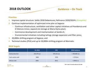 21
TSX: GCM
August 15, 2018
2018 OUTLOOK
Priorities
1. Improve capital structure: Settle 2018 Debentures; Refinance 2020/2024’s (Complete)
2. Continue implementation of optimized mine plan at Segovia:
– Continue infrastructure, ventilation and other capital initiatives at Providencia and 
El Silencio mines; expand ore storage at Maria Dama plant;
– Commence development and mechanization at Sandra K;
– Environmental initiatives including tailings storage expansion and filter press;
3. 20,000m drilling program at Segovia; and
4. Technical studies (PEA) and up to 10,000m drilling program at Marmato.
2018 Targets
H1‐2018 LTM 2018 Guidance
Gold production 105,578 ozs 194,316 ozs > 200,000 ozs
Cash cost/oz sold $683 $705 < $735/oz
AISC/oz sold $905 $915 < $950/ oz
Guidance – On Track
LTM = Latest 12‐months ended June 30, 2018
 